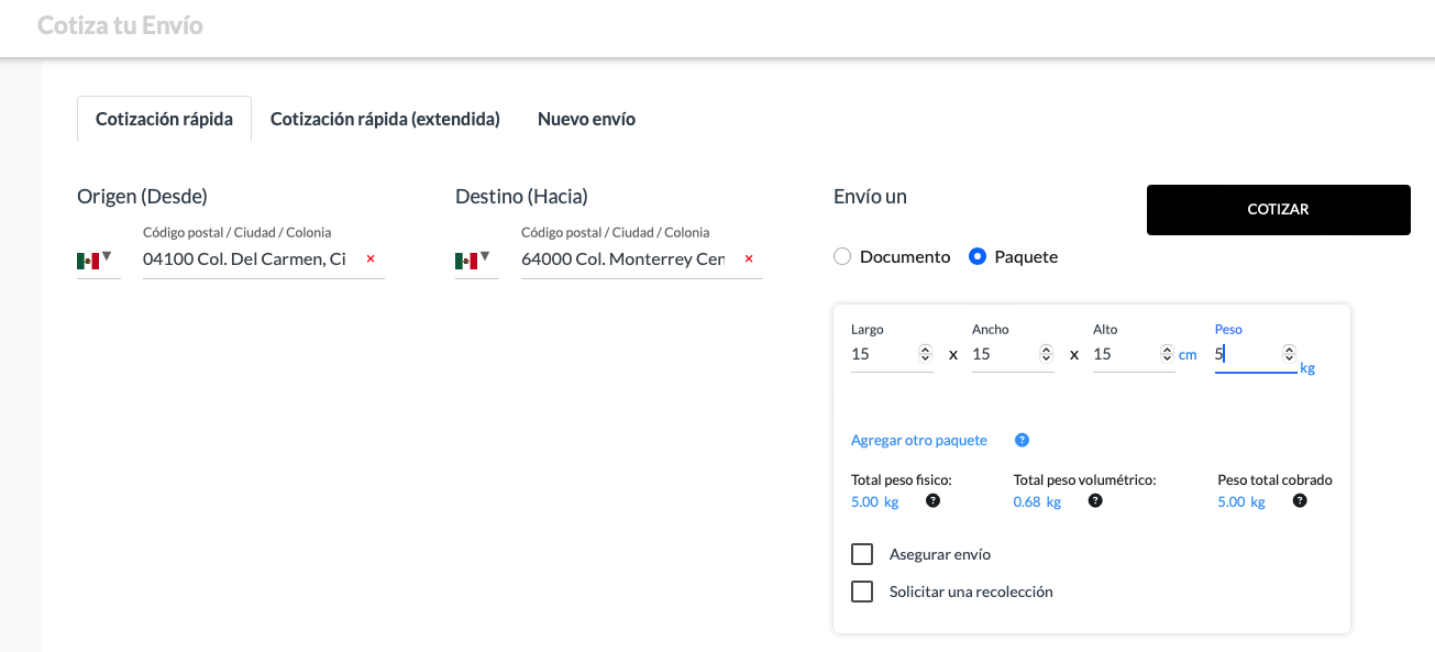 Proceso de envío - ingreso de datos
